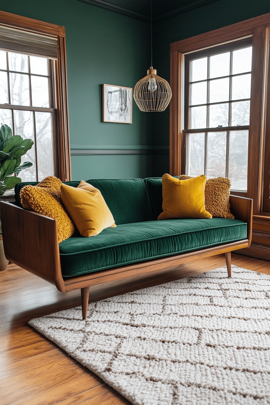 9. Mid-Century Emerald Revival (Emerald Green Living Room Ideas) - Emerald Green Living Room Ideas