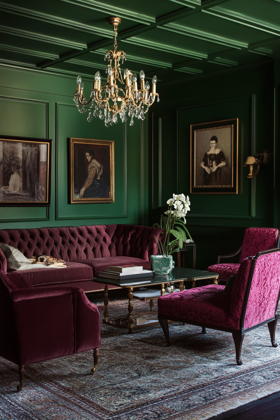 11. Regal Emerald and Burgundy (Emerald Green Living Room Ideas) - Emerald Green Living Room Ideas