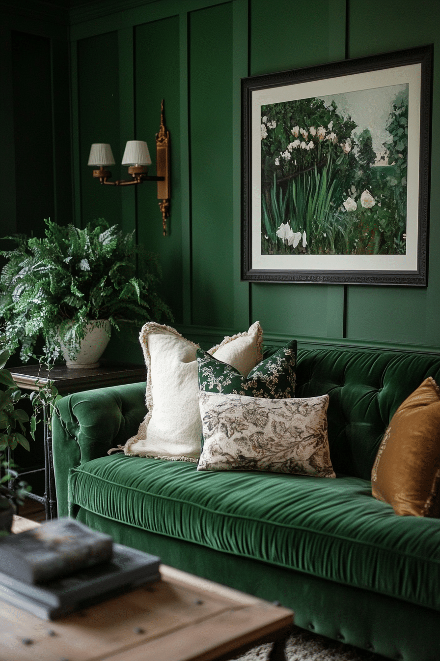 12. Botanical Emerald Oasis (Emerald Green Living Room Ideas) - Emerald Green Living Room Ideas