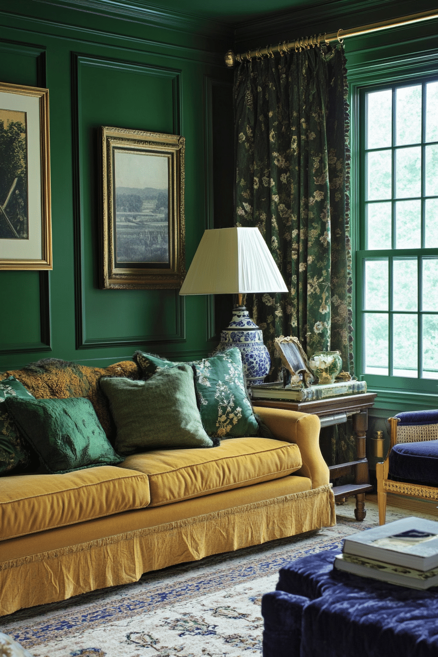 14. Moody Emerald and Navy Luxe (Emerald Green Living Room Ideas) - Emerald Green Living Room Ideas