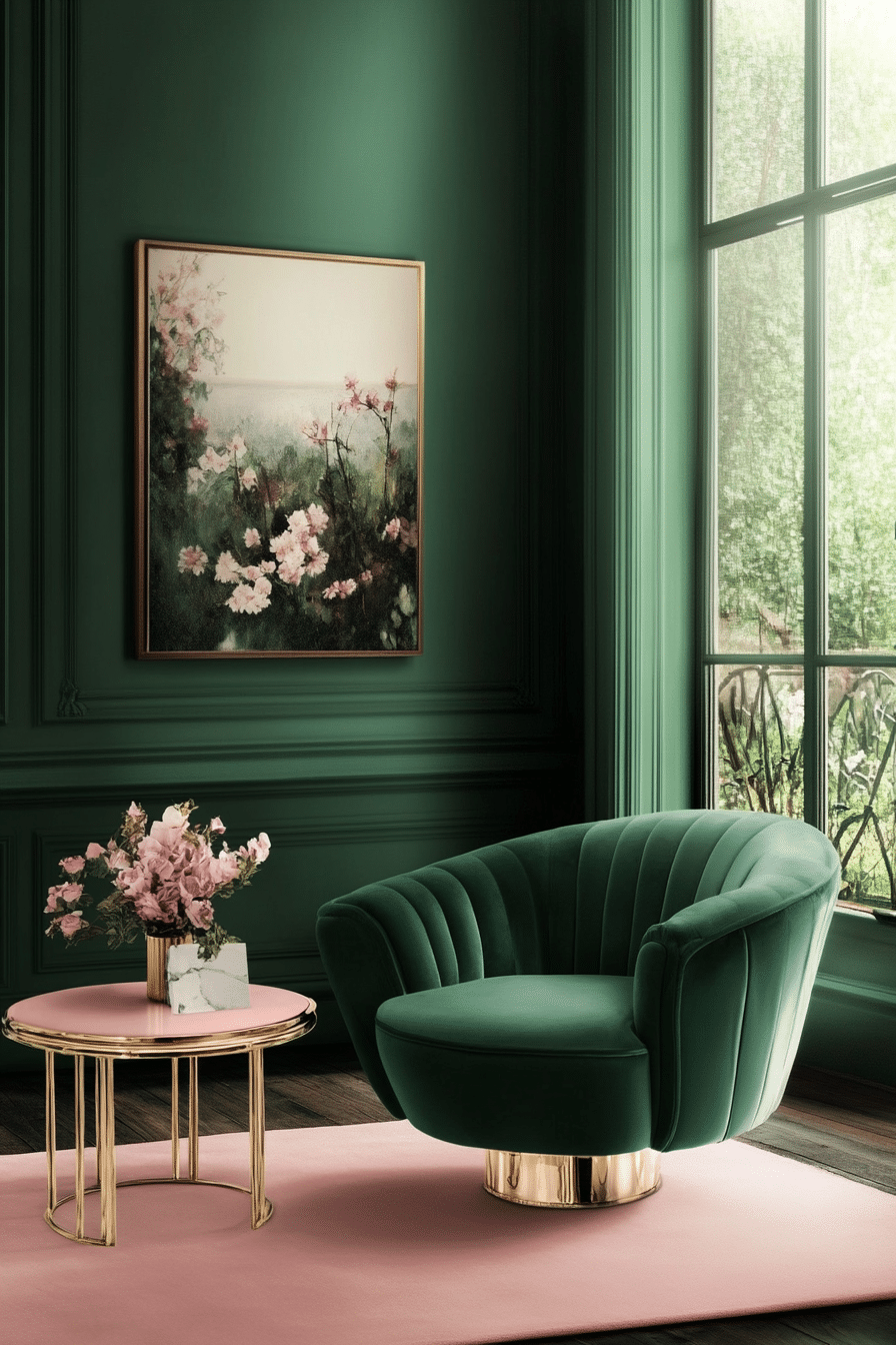 19. Soft Emerald and Blush Contrast (Emerald Green Living Room Ideas) - Emerald Green Living Room Ideas