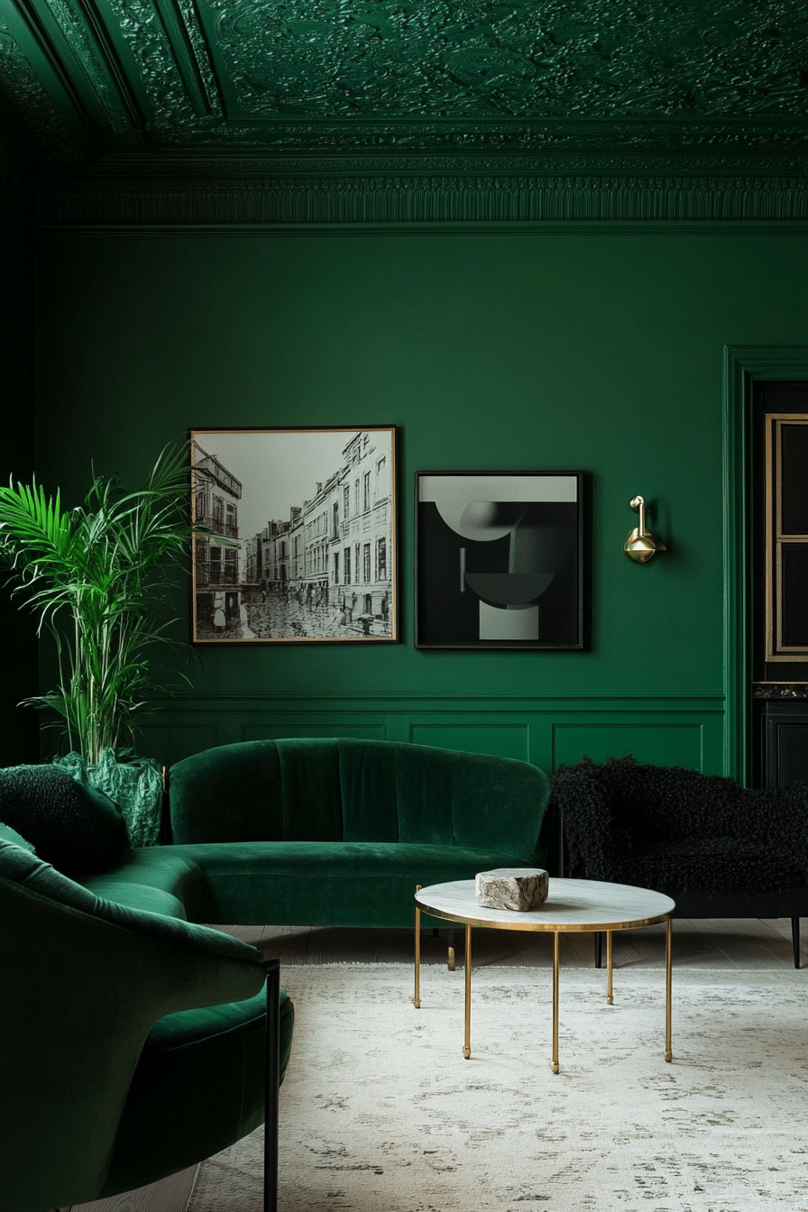 22. Dramatic Emerald Black Contrast (Emerald Green Living Room Ideas) - Emerald Green Living Room Ideas
