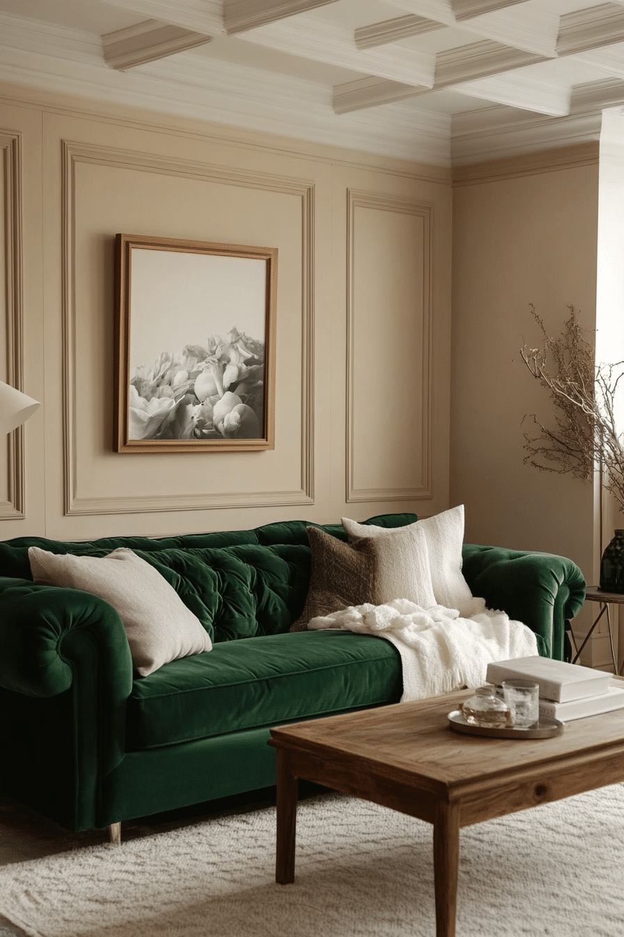 26. Cozy Emerald and Beige Comfort (Emerald Green Living Room Ideas) - Emerald Green Living Room Ideas