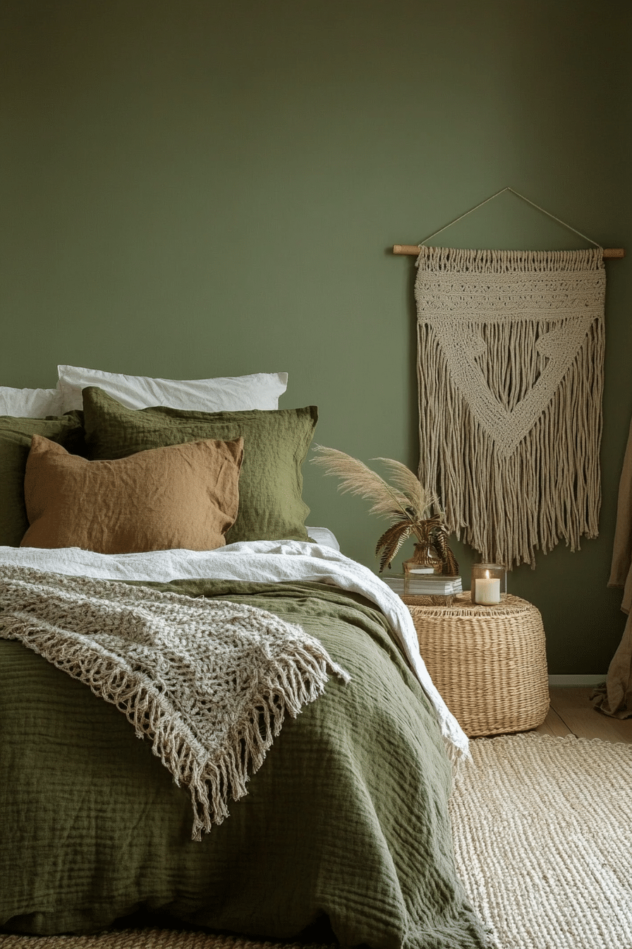 9. Earthy Bohemian (Olive Green Bedroom Ideas) - Olive Green Bedroom Ideas