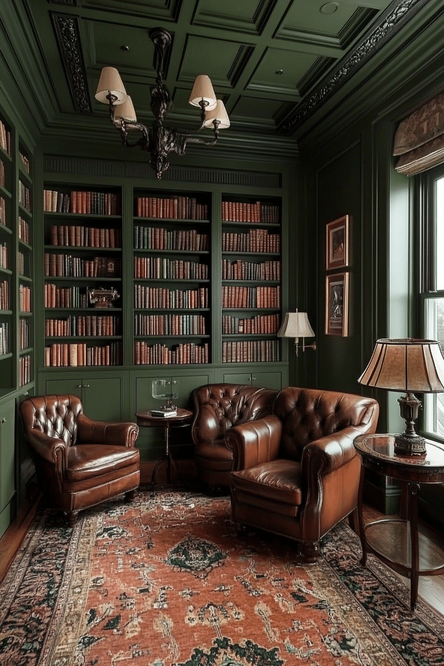 10. Dark Academia Sanctuary (Olive Green Bedroom Ideas) - Olive Green Bedroom Ideas