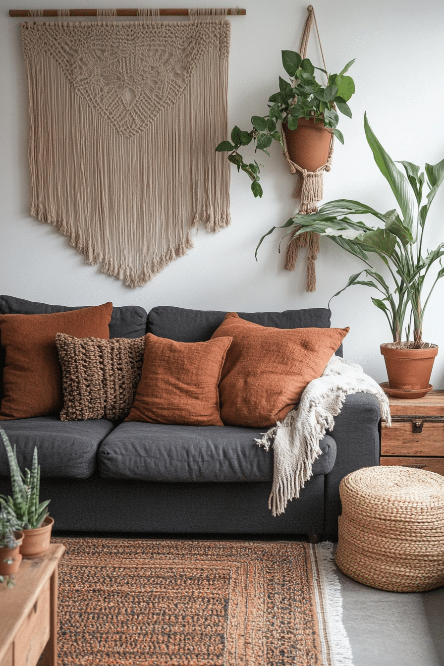 6. Earthy Boho Vibes (Charcoal Sofa Living Room Ideas) - Charcoal Sofa Living Room Ideas