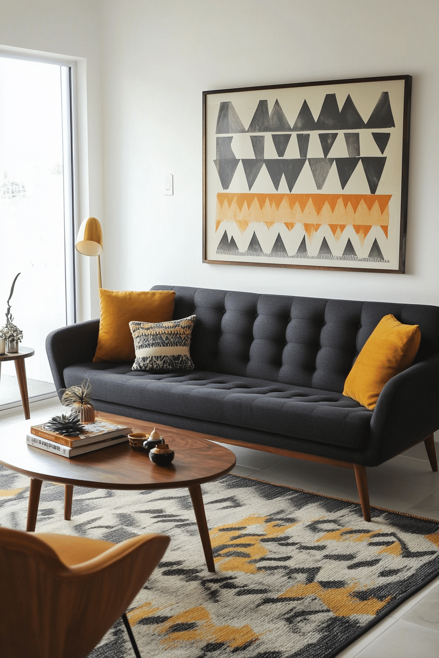 8. Mid-Century Modern Revival (Charcoal Sofa Living Room Ideas) - Charcoal Sofa Living Room Ideas