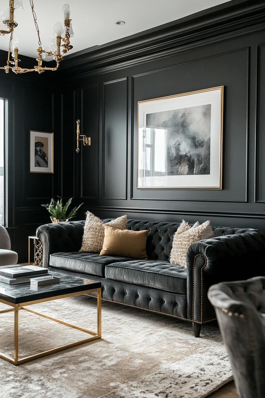 10. Luxe Gold Accents (Charcoal Sofa Living Room Ideas) - Charcoal Sofa Living Room Ideas