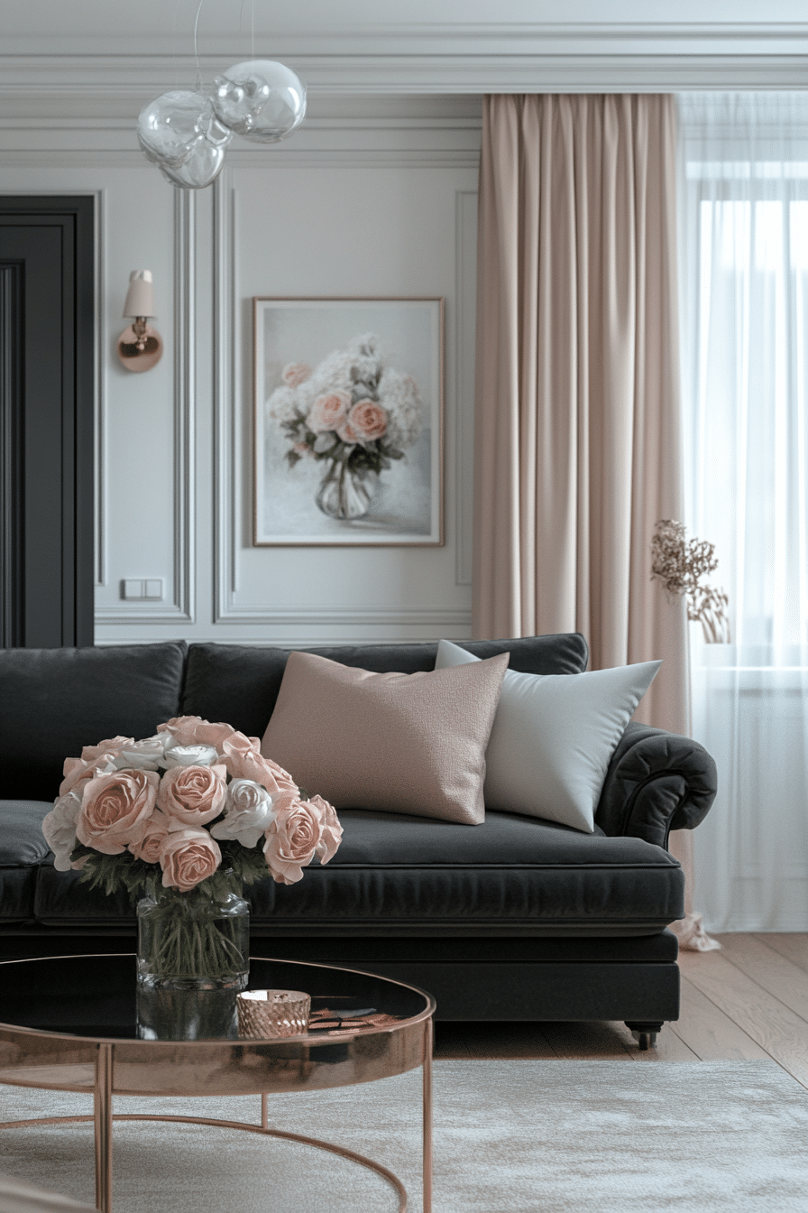13. Soft Blush Accents (Charcoal Sofa Living Room Ideas) - Charcoal Sofa Living Room Ideas
