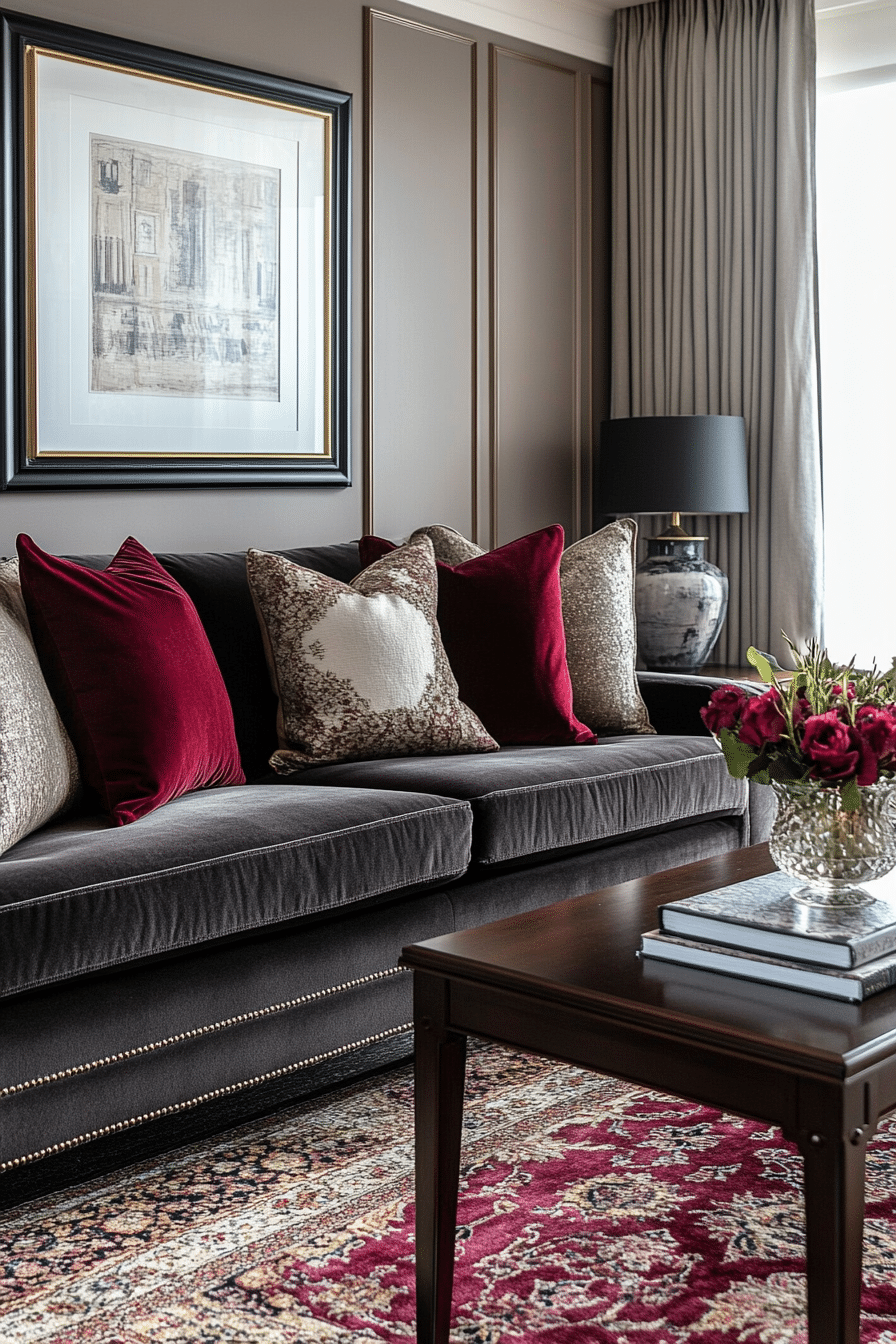 15. Sophisticated Burgundy Touch (Charcoal Sofa Living Room Ideas) - Charcoal Sofa Living Room Ideas