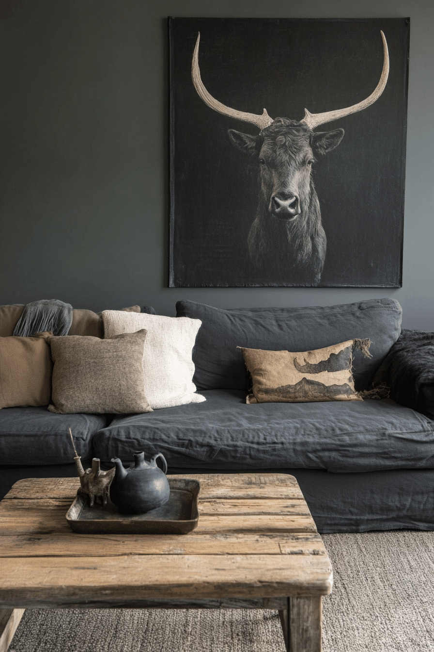 21. Graphite and Olive Green Balance (Charcoal Sofa Living Room Ideas) - Charcoal Sofa Living Room Ideas