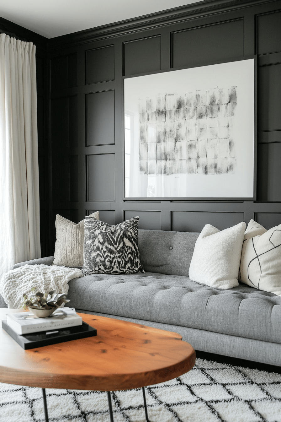 25. High-Contrast Drama (Charcoal Sofa Living Room Ideas) - Charcoal Sofa Living Room Ideas