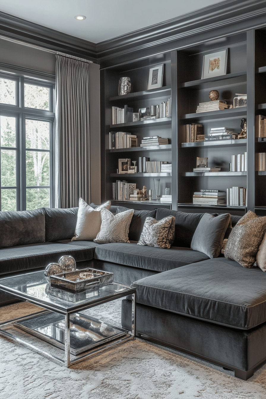26. Sleek Glass & Metallic Accents (Charcoal Sofa Living Room Ideas) - Charcoal Sofa Living Room Ideas