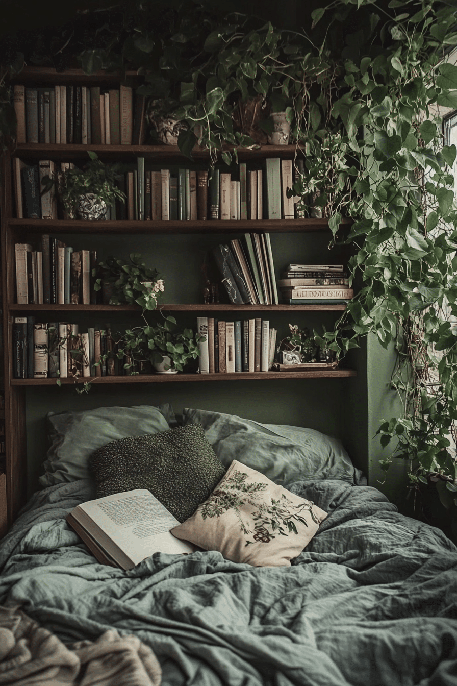 23. Dark Academia Greenery (Bedroom Ideas With Plants) - Bedroom Ideas With Plants