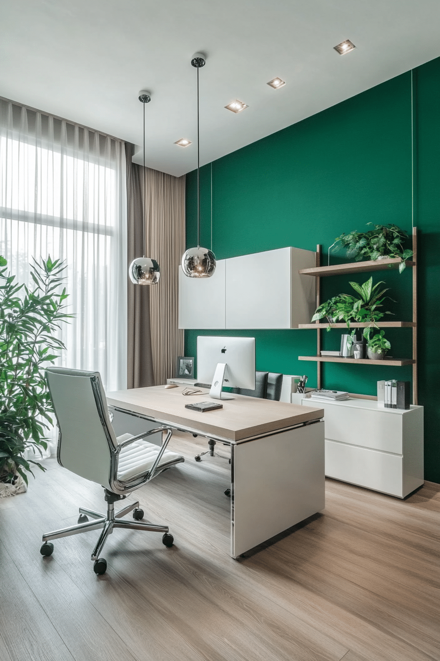 2. Modern Minimalist Green (Emerald Green Office Ideas) - Emerald Green Office Ideas