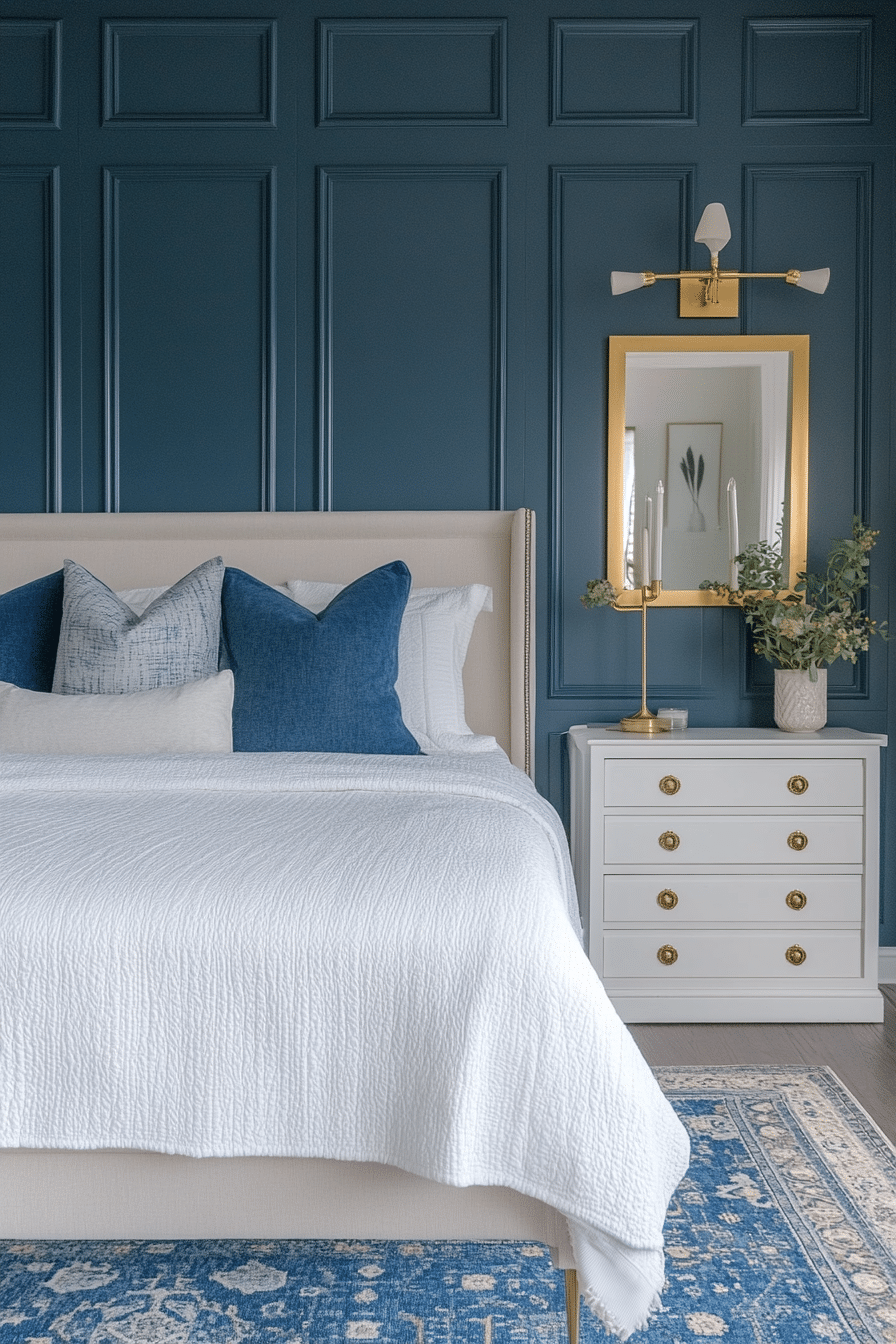 14. Dusty Blue with Brass Details (Dusty Blue Bedroom Ideas) - Dusty Blue Bedroom Ideas