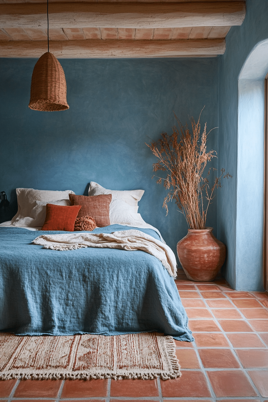 17. Dusty Blue and Terracotta Fusion (Dusty Blue Bedroom Ideas) - Dusty Blue Bedroom Ideas