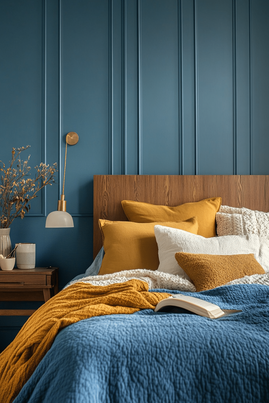 19. Dusty Blue & Mustard Accent Walls (Dusty Blue Bedroom Ideas) - Dusty Blue Bedroom Ideas