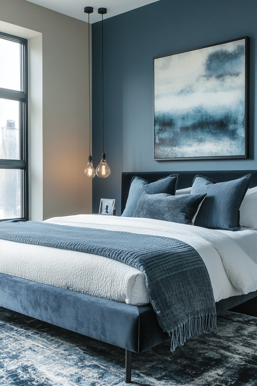 24. Dusty Blue and Black Industrial Chic (Dusty Blue Bedroom Ideas) - Dusty Blue Bedroom Ideas