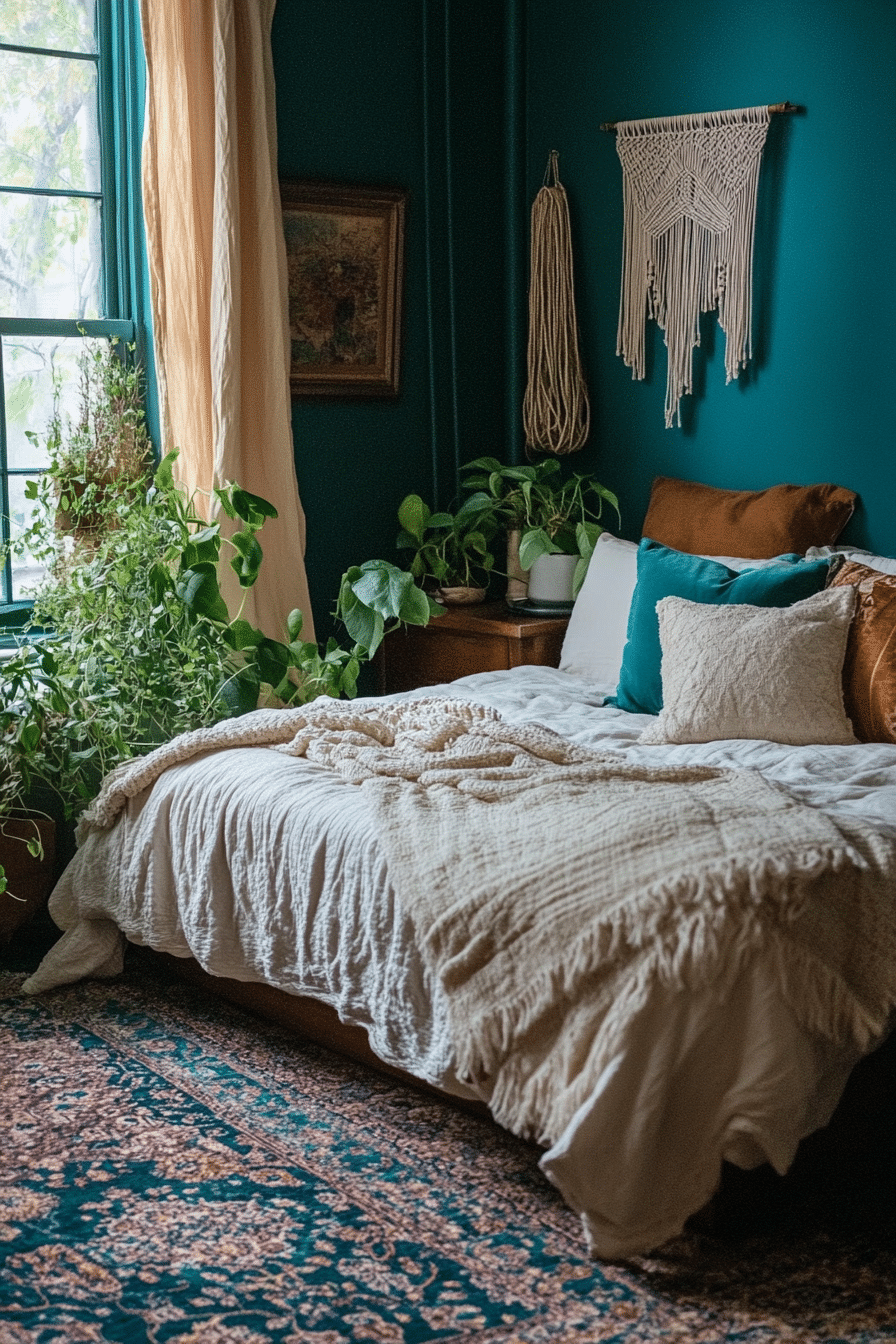 1. Elegant Bohemian Oasis (Dark Teal Bedroom Ideas) - Dark Teal Bedroom Ideas