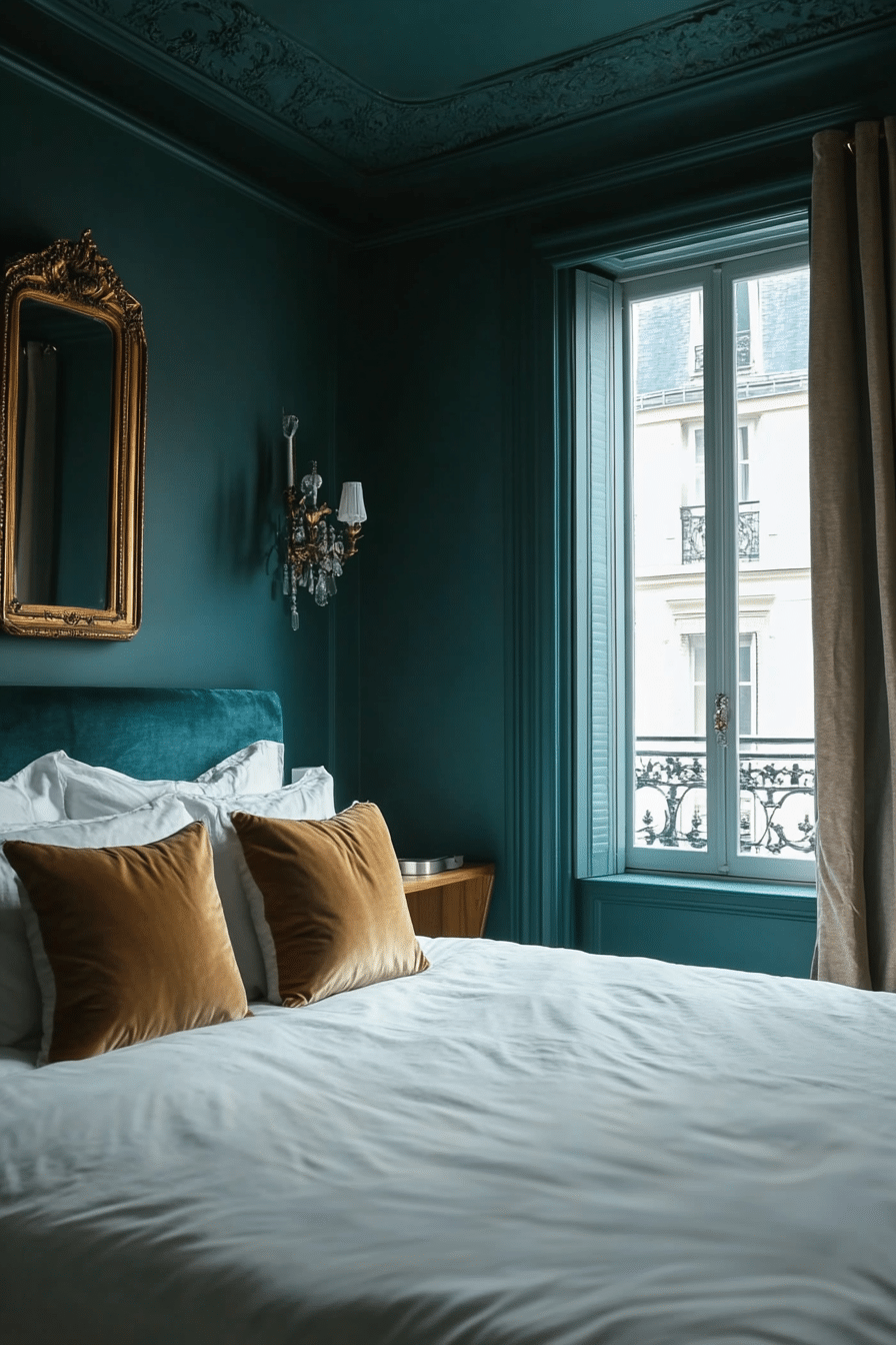 26. Chic Parisian Loft (Dark Teal Bedroom Ideas) - Dark Teal Bedroom Ideas