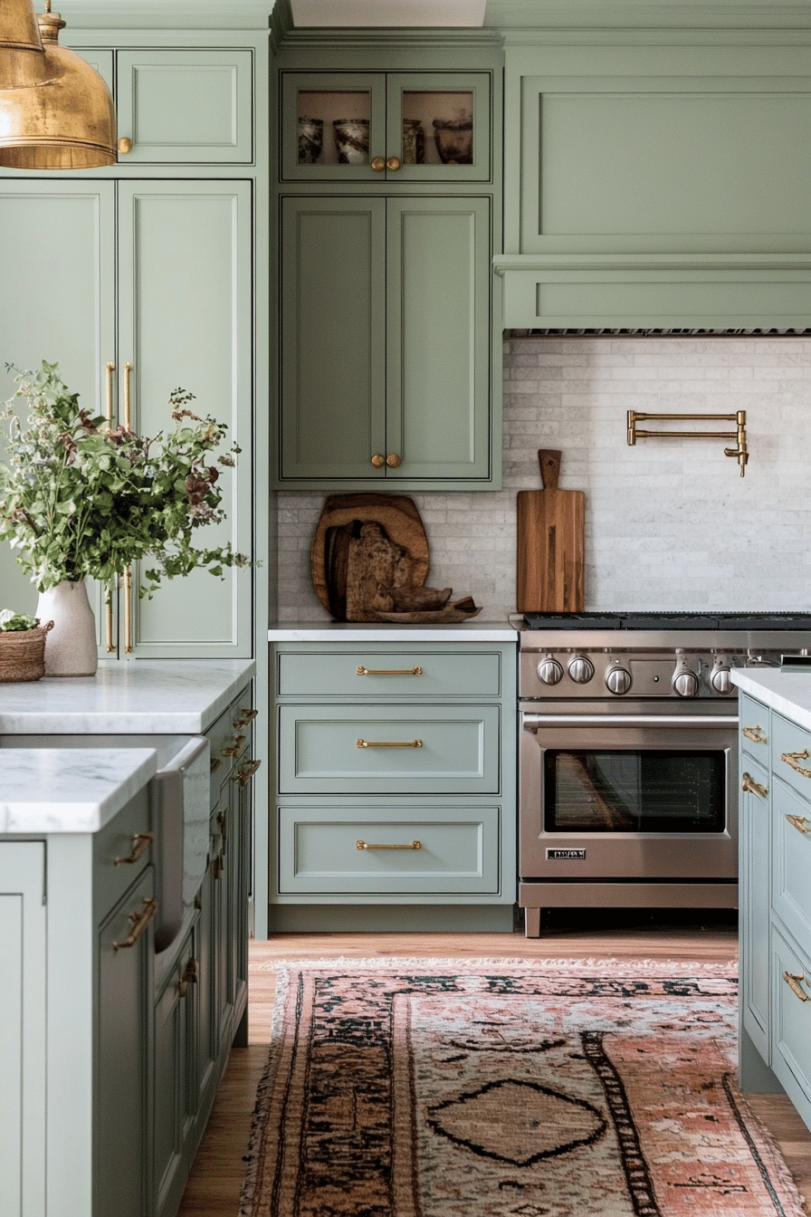 2. Sage Green Cabinets with Brass Details (Earthy Kitchen Ideas) - Earthy Kitchen Ideas