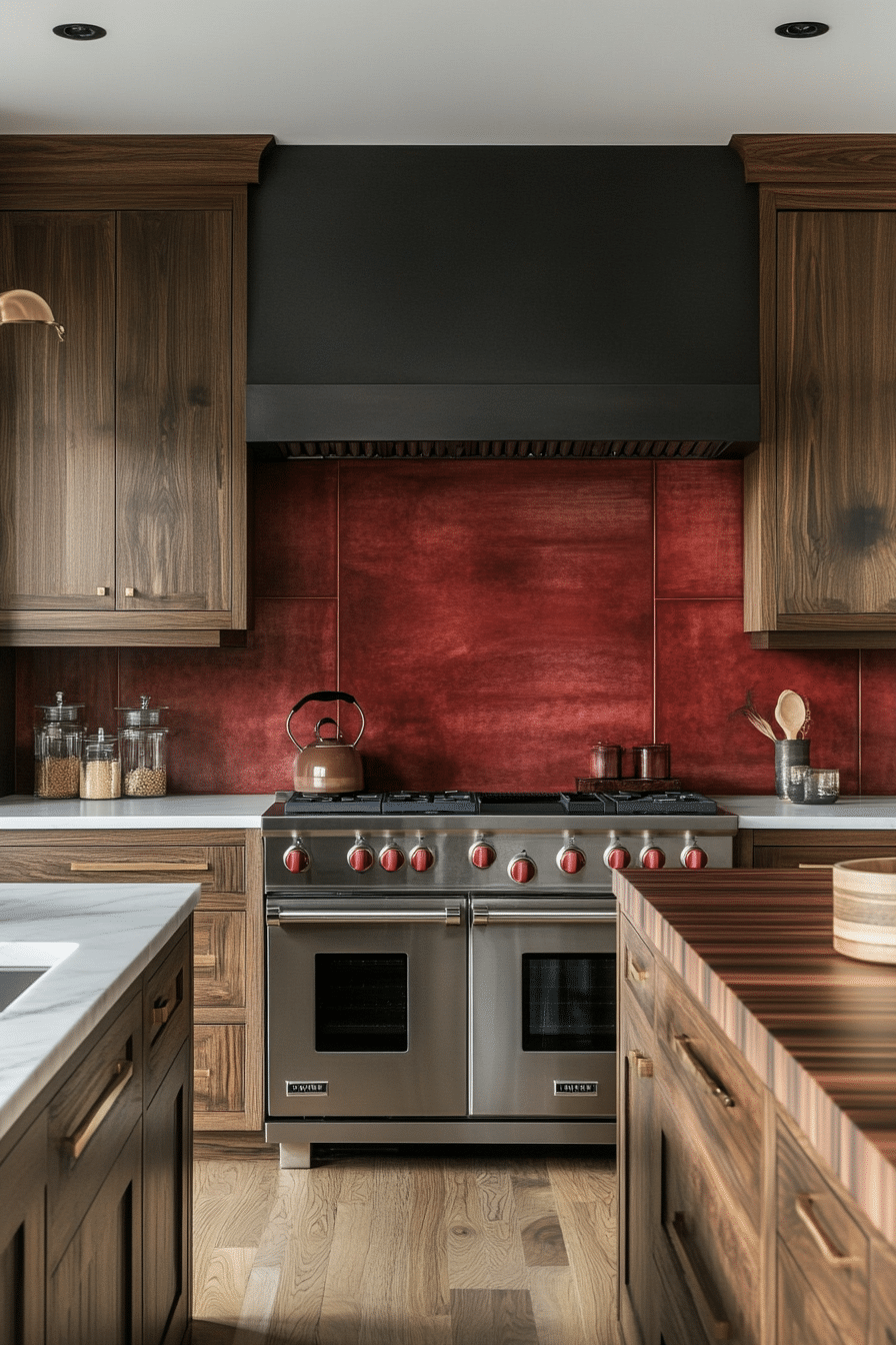 3. Clay Red Backsplash with Dark Walnut Cabinets (Earthy Kitchen Ideas) - Earthy Kitchen Ideas