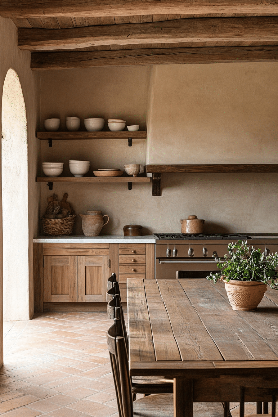 4. Earthy Taupe Walls with Open Wood Shelving (Earthy Kitchen Ideas) - Earthy Kitchen Ideas