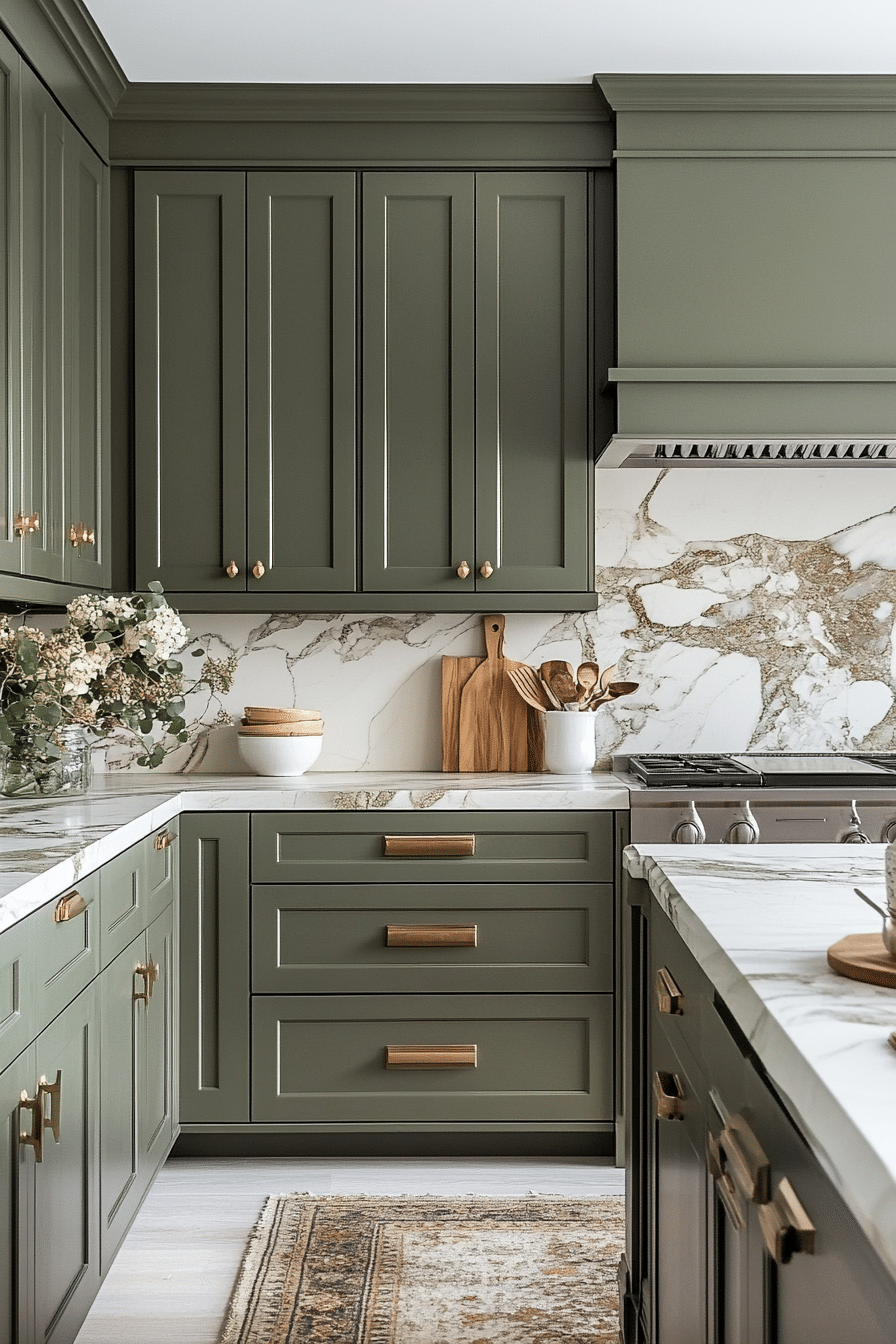 5. Matte Olive Green Cabinets with Stone Countertops (Earthy Kitchen Ideas) - Earthy Kitchen Ideas