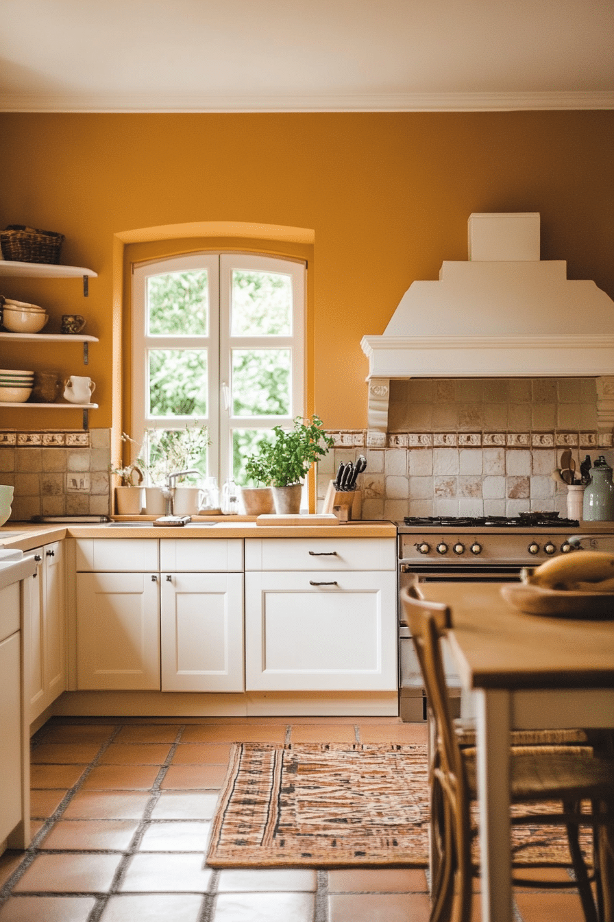 8. Golden Ochre Walls with Creamy White Accents (Earthy Kitchen Ideas) - Earthy Kitchen Ideas