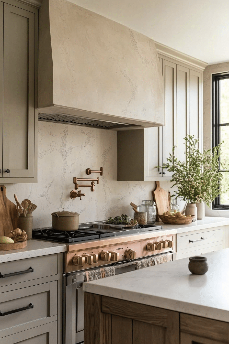 9. Muted Mushroom Cabinets with Copper Fixtures (Earthy Kitchen Ideas) - Earthy Kitchen Ideas