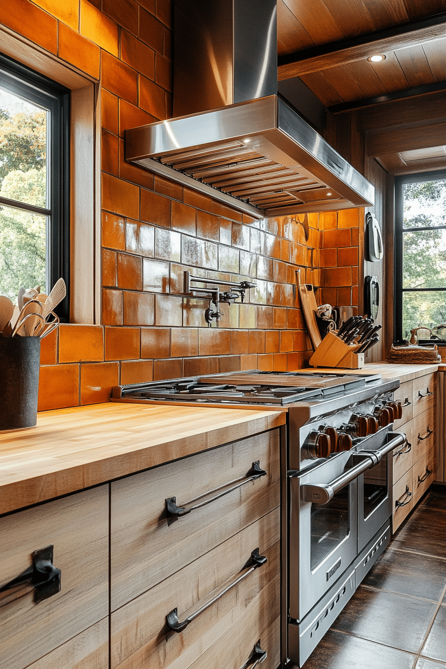 10. Burnt Sienna Tiles with Butcher Block Counters (Earthy Kitchen Ideas) - Earthy Kitchen Ideas