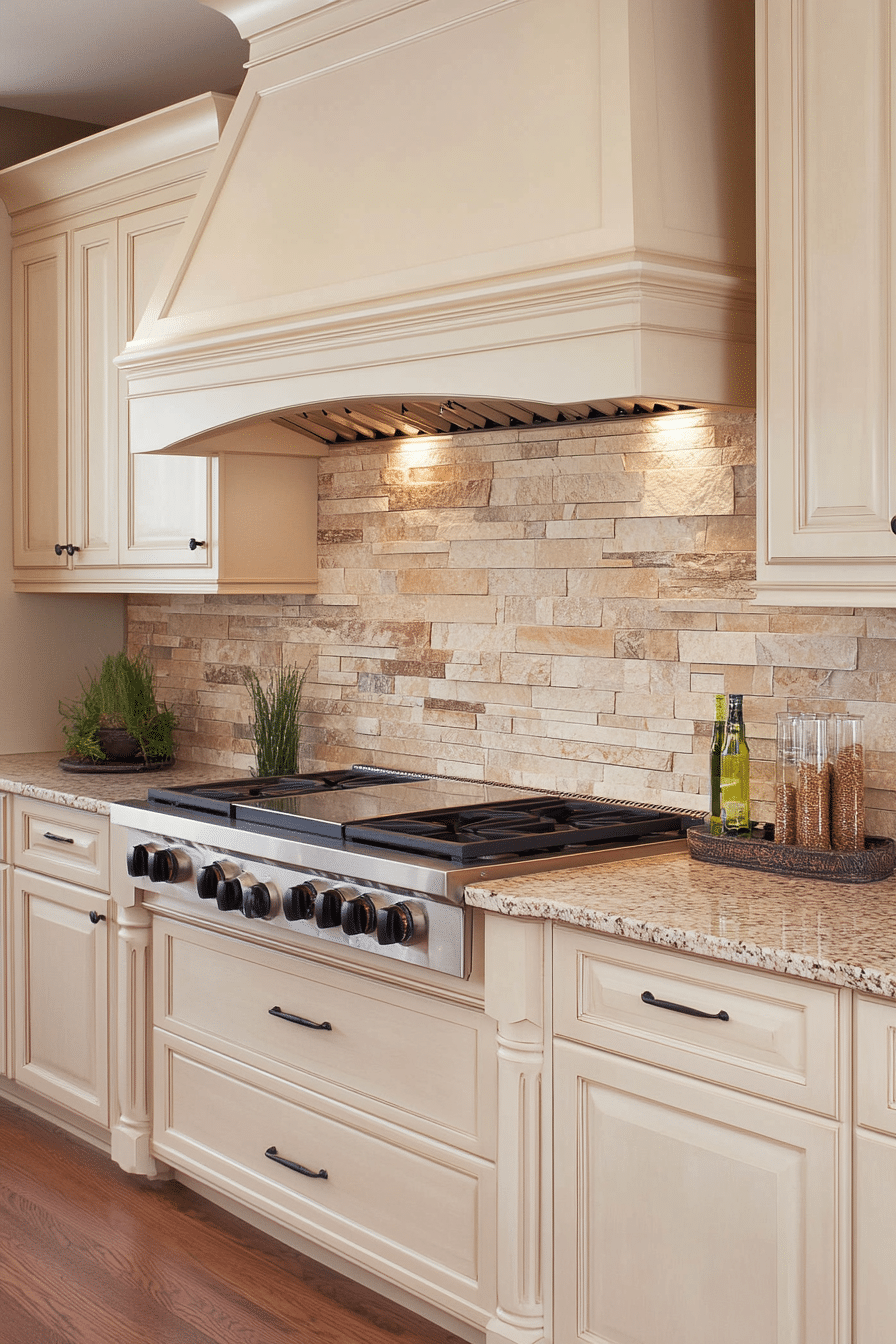 11. Soft Almond Cabinets with Natural Stone Backsplash (Earthy Kitchen Ideas) - Earthy Kitchen Ideas