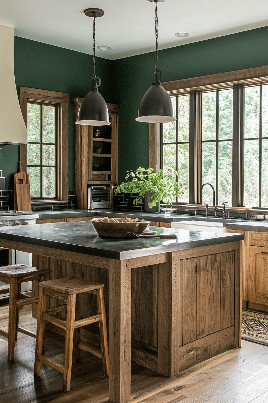12. Weathered Oak Cabinets with Forest Green Walls (Earthy Kitchen Ideas) - Earthy Kitchen Ideas