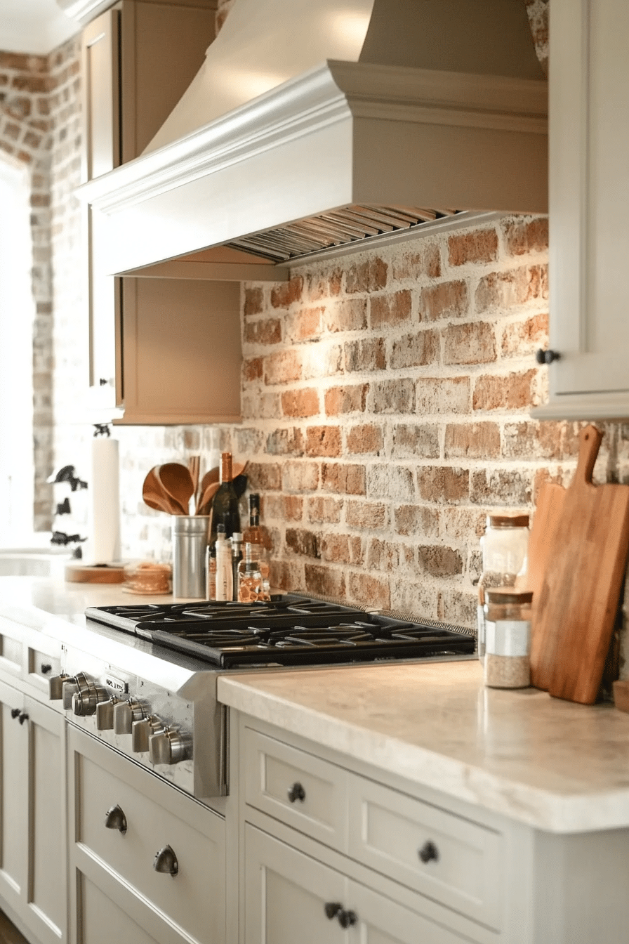14. Brick Accent Wall with Creamy Beige Cabinets (Earthy Kitchen Ideas) - Earthy Kitchen Ideas