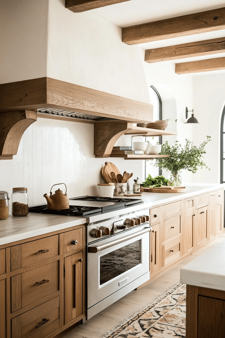 15. Caramel-Stained Wood Cabinets with Warm White Walls (Earthy Kitchen Ideas) - Earthy Kitchen Ideas