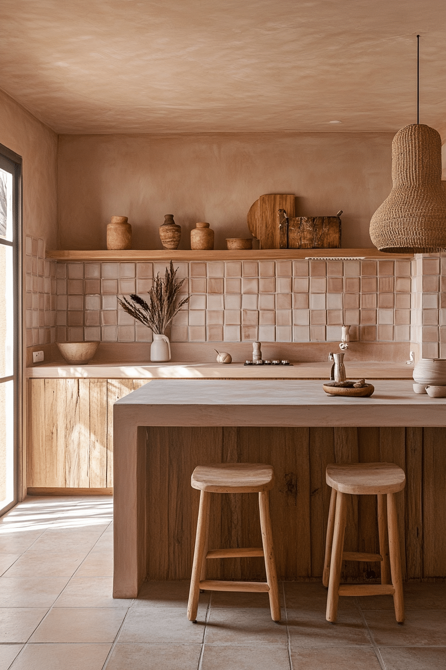 18. Dusty Rose Accents with Honey-Toned Wood (Earthy Kitchen Ideas) - Earthy Kitchen Ideas