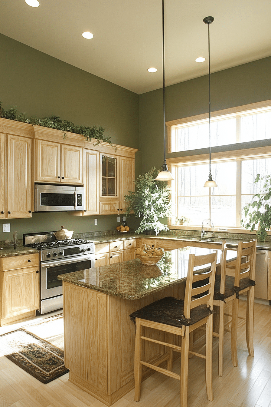 19. Natural Birch Cabinets with Deep Olive Walls (Earthy Kitchen Ideas) - Earthy Kitchen Ideas