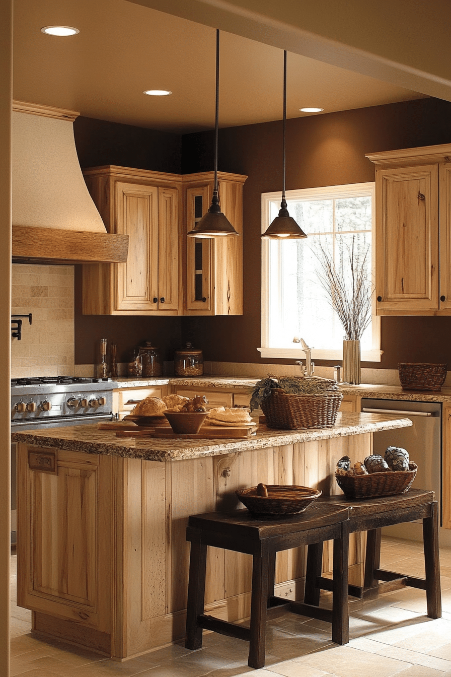 21. Wheat-Toned Walls with Warm Hickory Cabinets (Earthy Kitchen Ideas) - Earthy Kitchen Ideas