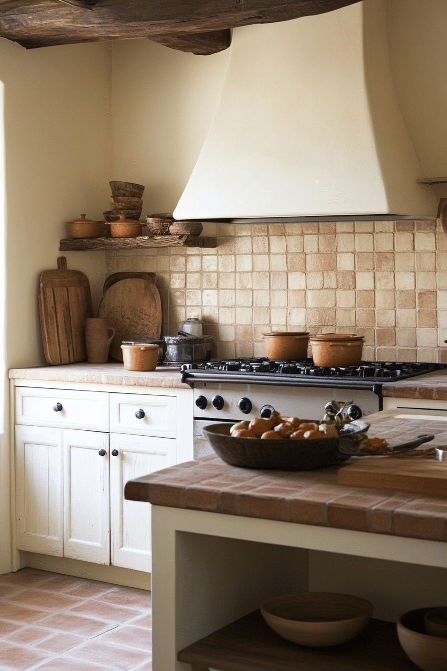 24. Cinnamon Brown Tile with Off-White Cabinets (Earthy Kitchen Ideas) - Earthy Kitchen Ideas