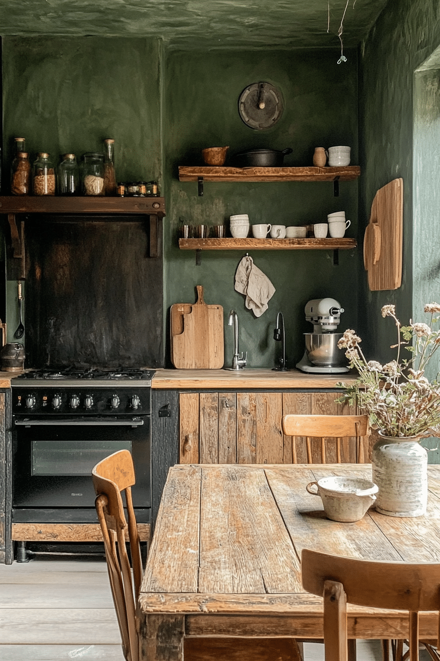 25. Eucalyptus Green Walls with Charred Wood Cabinets (Earthy Kitchen Ideas) - Earthy Kitchen Ideas