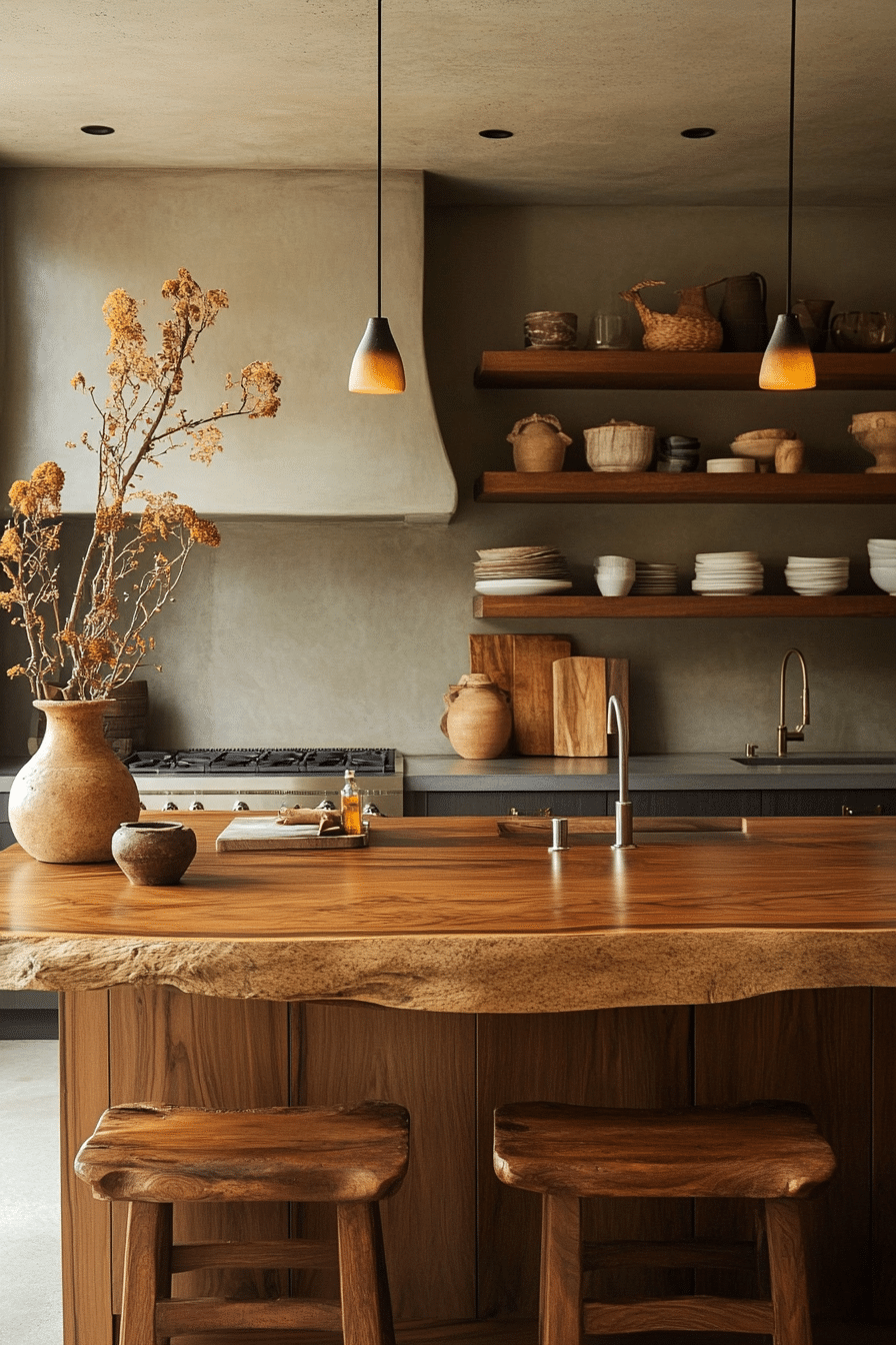 27. Golden Brown Wood with Soft Amber Lighting (Earthy Kitchen Ideas) - Earthy Kitchen Ideas