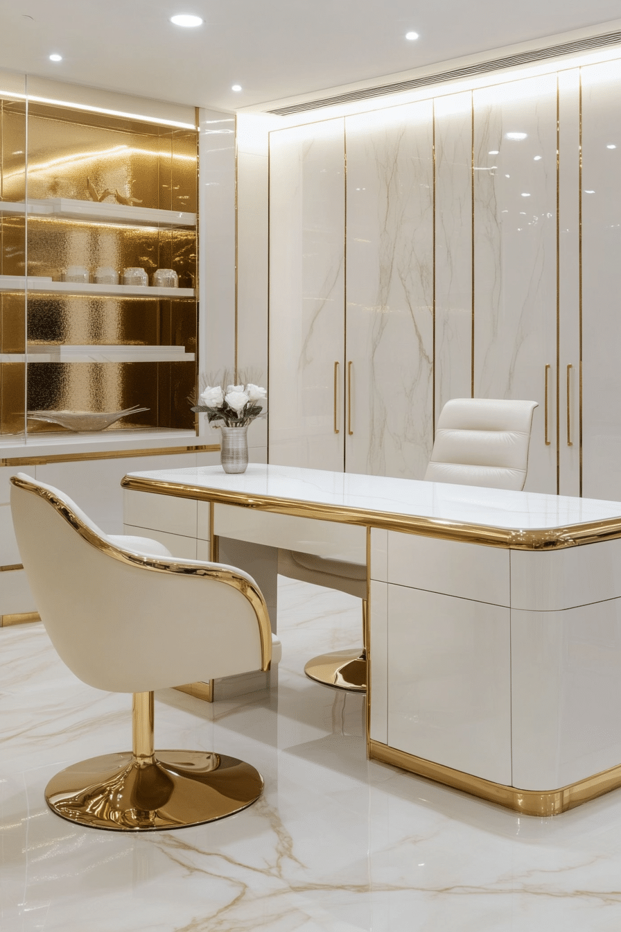 4. Glamorous High-Gloss (White And Gold Office Ideas) - White And Gold Office Ideas