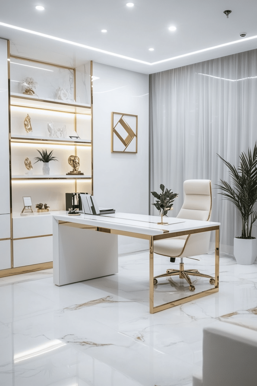 18. Tech-Forward Brilliance (White And Gold Office Ideas) - White And Gold Office Ideas