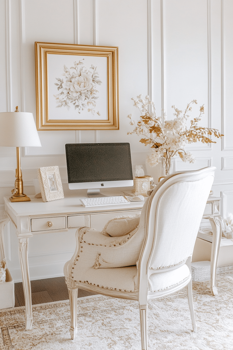 26. Cottagecore Charm (White And Gold Office Ideas) - White And Gold Office Ideas