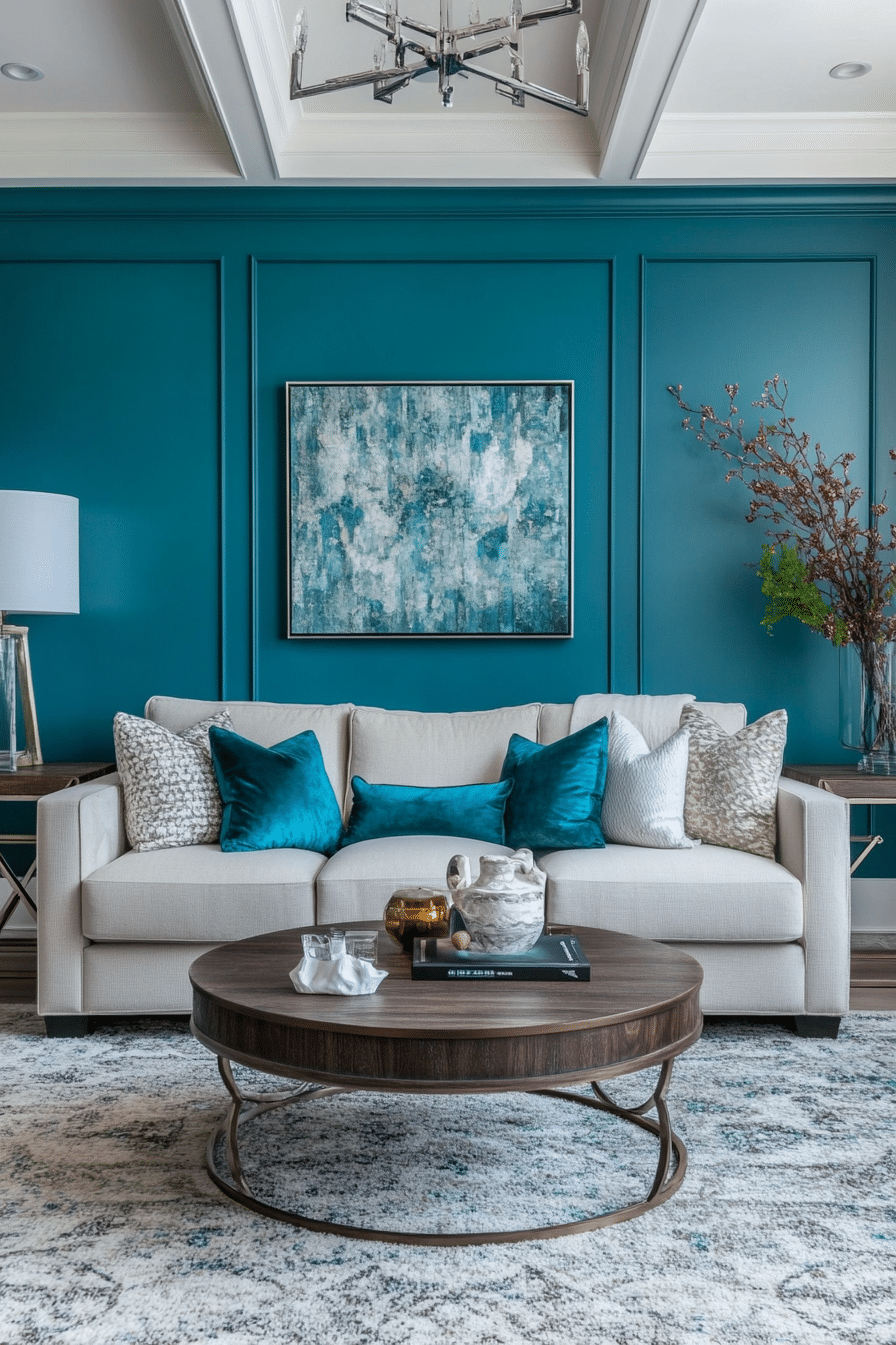 1. Modern Elegance with Deep Teal Walls (Teal And Grey Living Room Ideas) - Teal And Grey Living Room Ideas