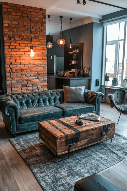 2. Industrial Chic with Rustic Teal Accents (Teal And Grey Living Room Ideas) - Teal And Grey Living Room Ideas