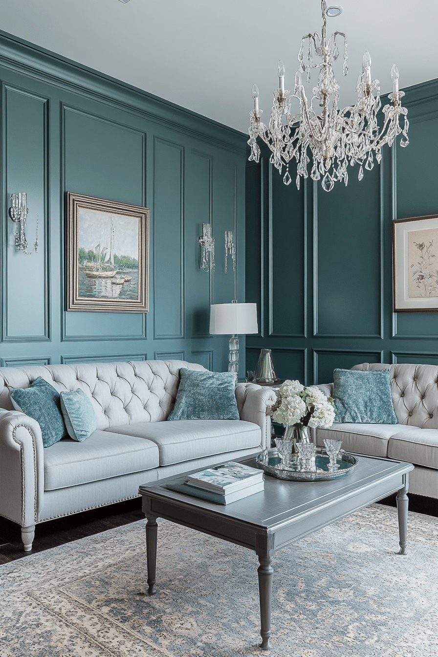 9. Classic Elegance with Teal Paneling and Light Grey Sofas (Teal And Grey Living Room Ideas) - Teal And Grey Living Room Ideas