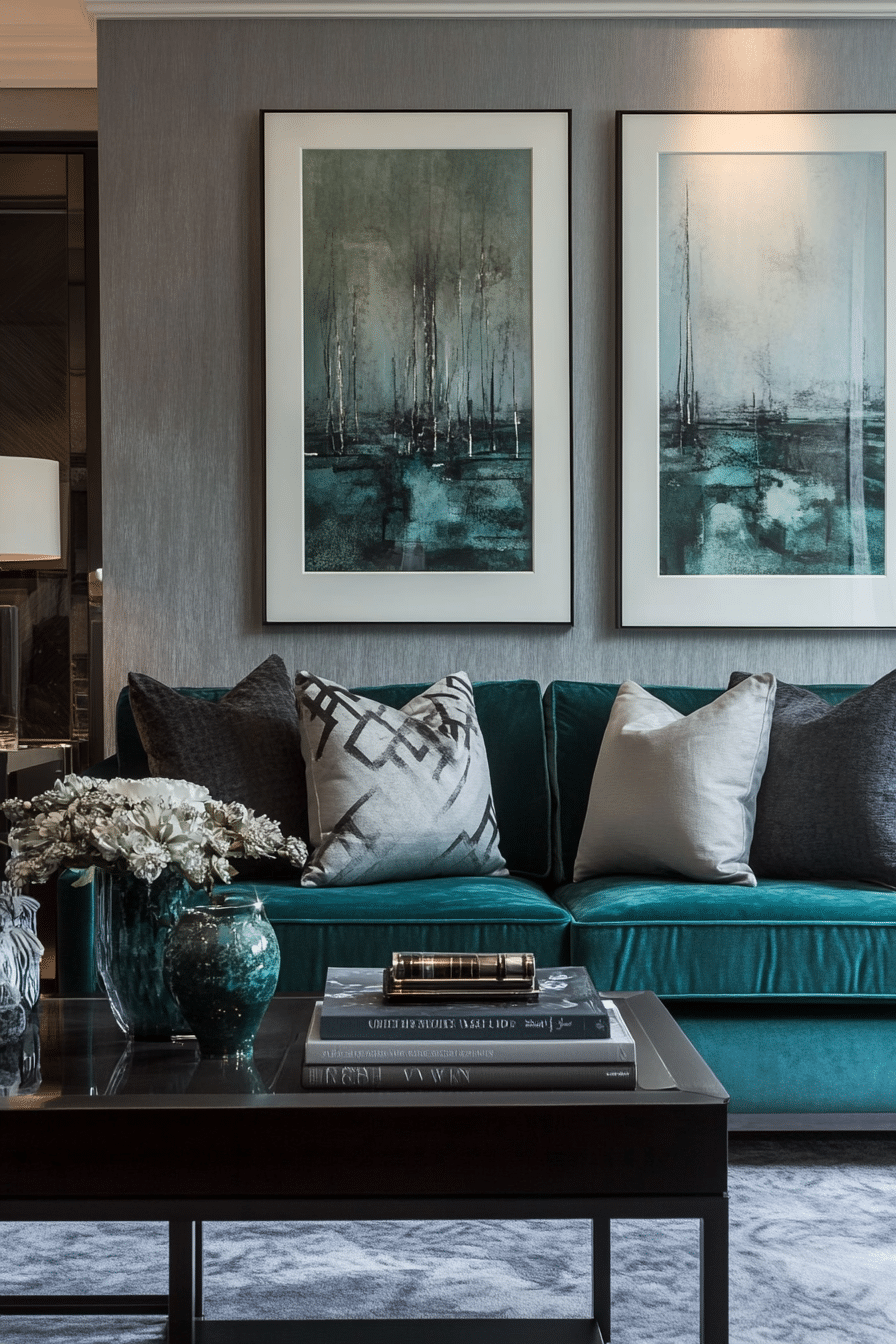 10. Contemporary Luxe with Teal Velvet and Graphite Grey (Teal And Grey Living Room Ideas) - Teal And Grey Living Room Ideas