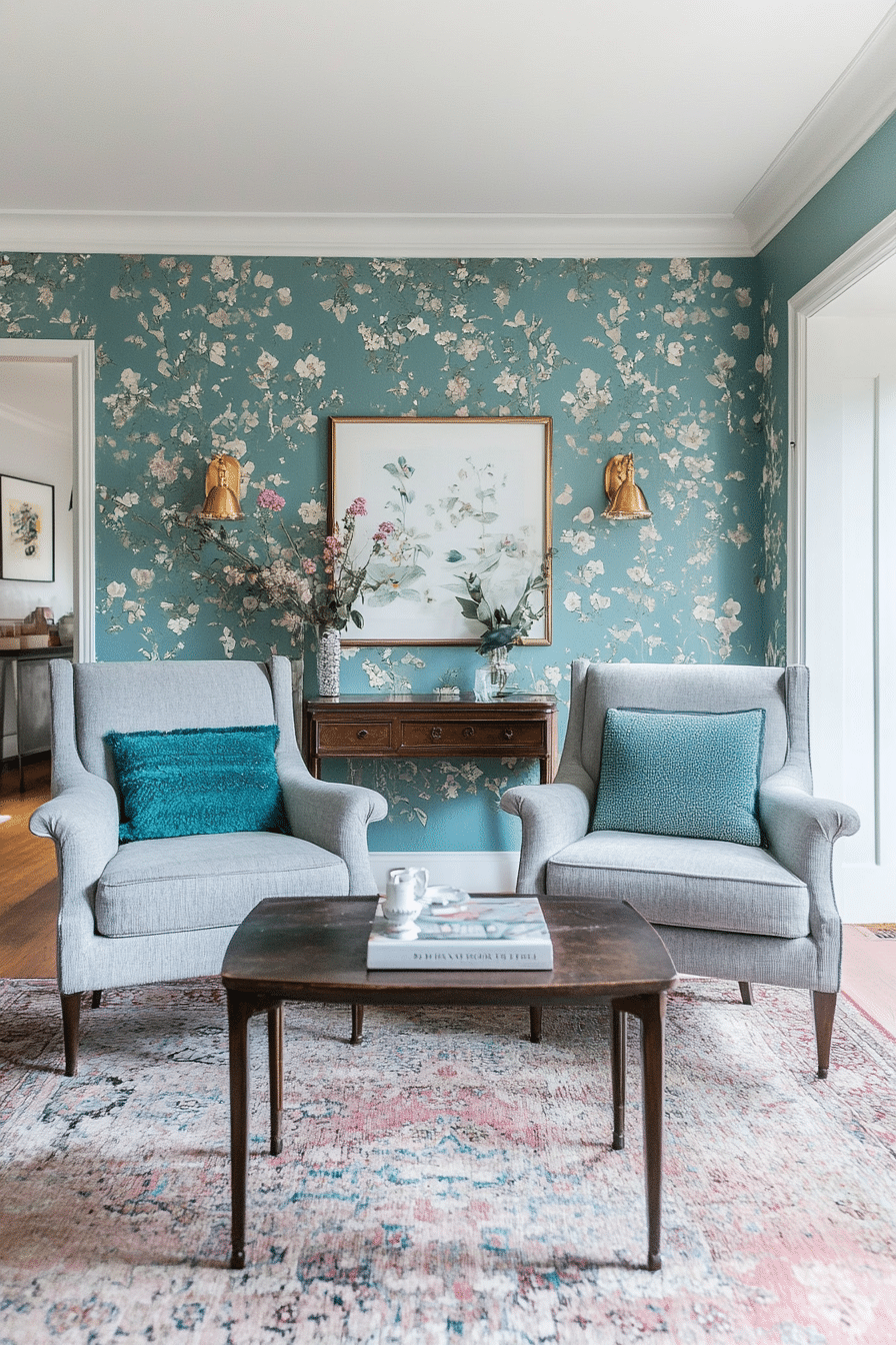 11. Vintage Charm with Teal Floral Wallpaper and Grey Seating (Teal And Grey Living Room Ideas) - Teal And Grey Living Room Ideas